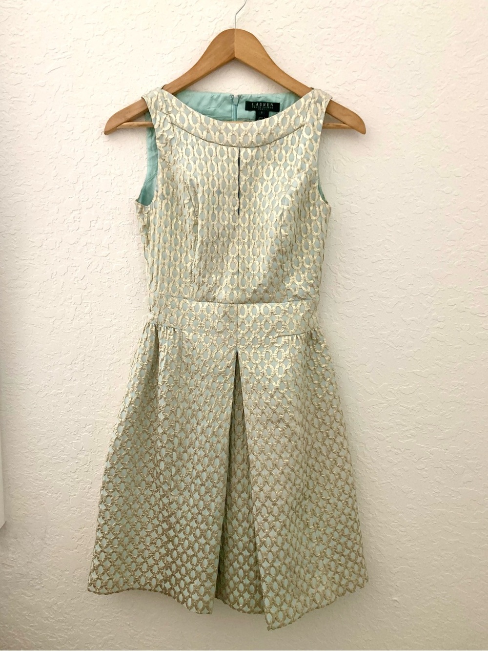 Ralph Lauren Mint Green Metallic Gold Embroidered Fit & Flare Cocktail Dress - Picture 2 of 11